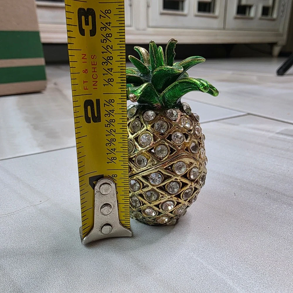 Vintage Pineapple Rhinestone Trinket Box‎ Gold Tone Green Enamel Hinged Jewelry